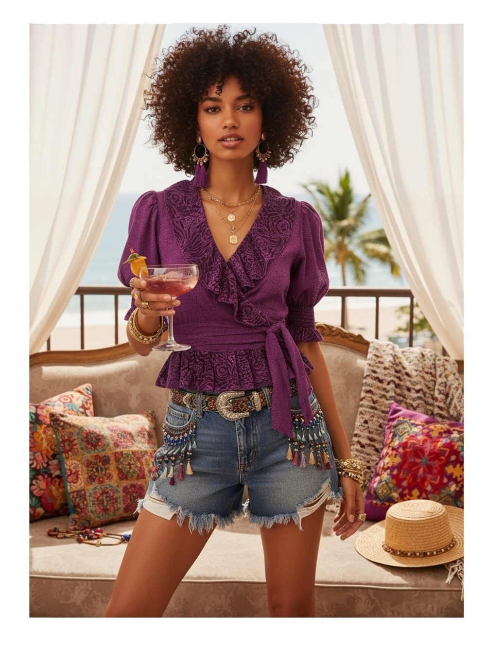 new Free People ❁ Romantic Feminine Print Ruffle Wrap Top ❁ Amethyst XS S fit M